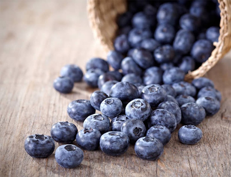 Basket full of blueberries tipped over